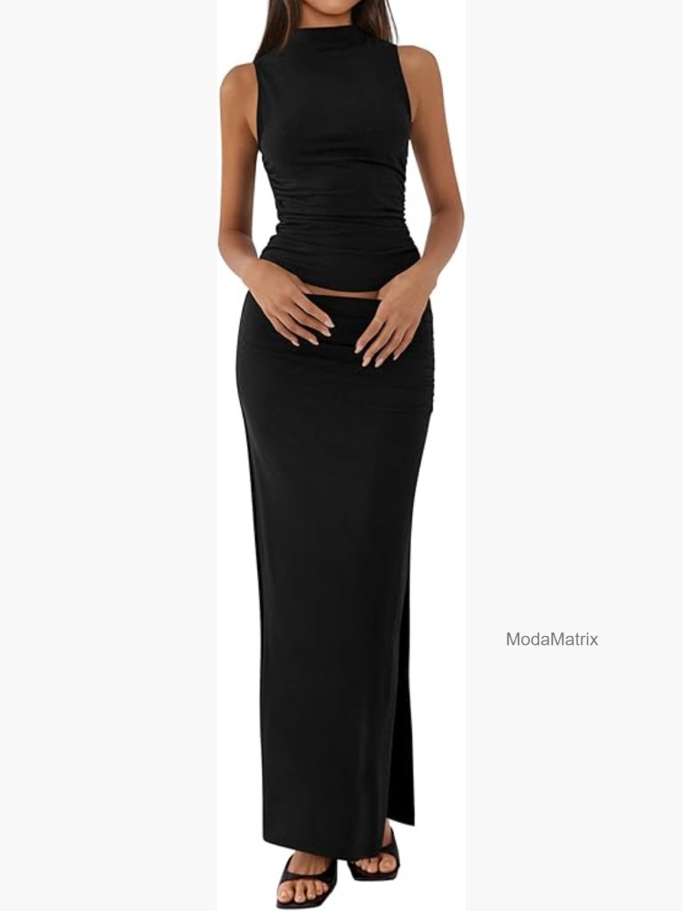 Mock Neck Sleeveless Knit Top Maxi Skirt Set Two Piece Outfit